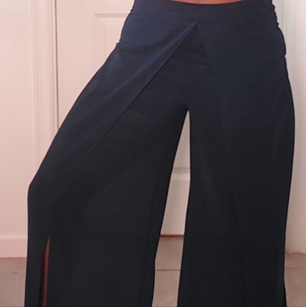 Women's Navy Blue Wide-Leg Pants With Front Splits